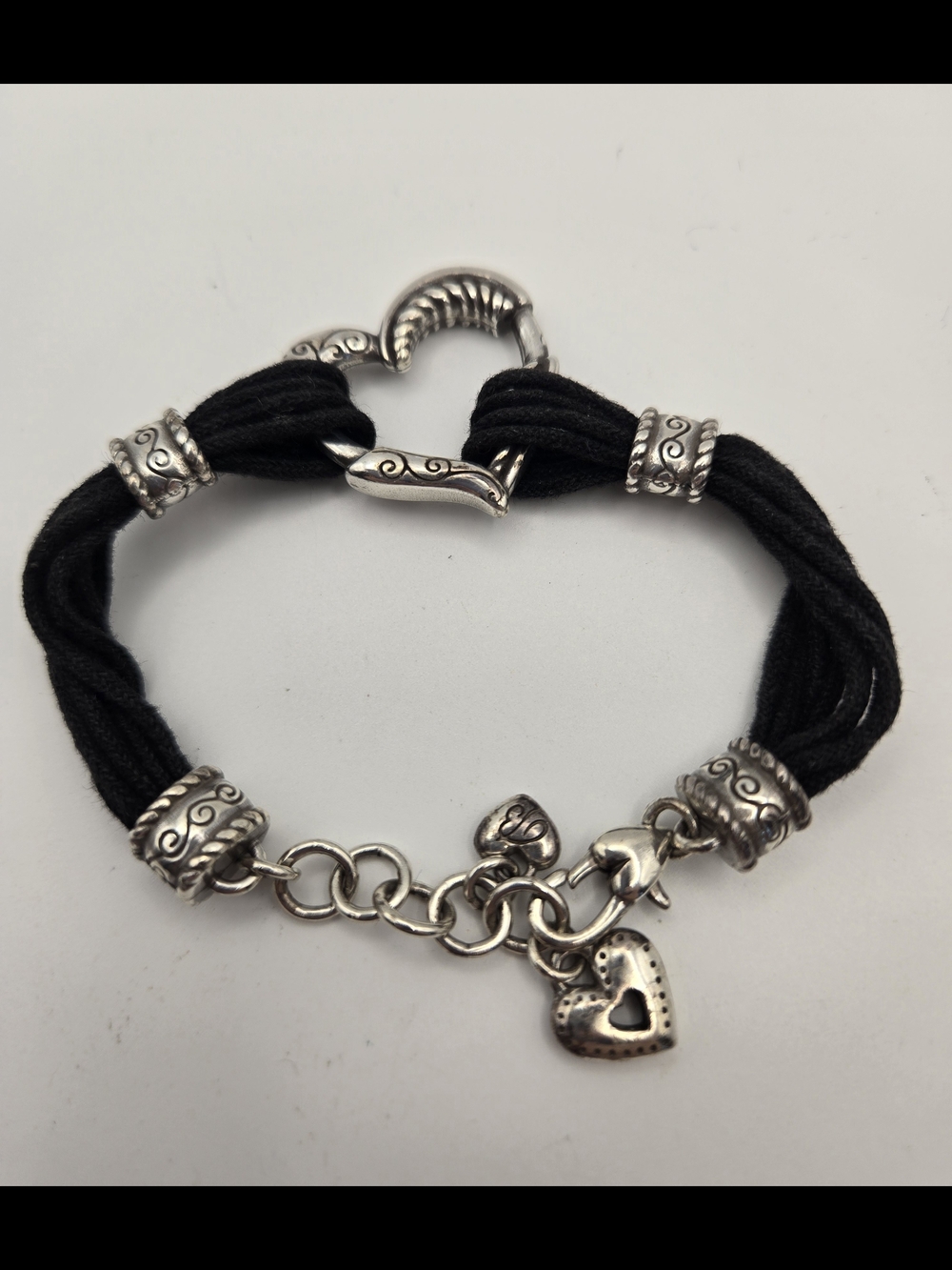 Brighton Heritage Black Cord Bracelet Silver Heart Focal And Charm Scultptural